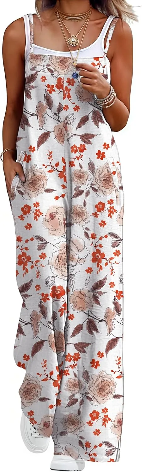 Lepunuo Womens Casual Loose Jumpsuits Summer Boho Wide Leg Rompers Sleeveless Overalls with Pockets