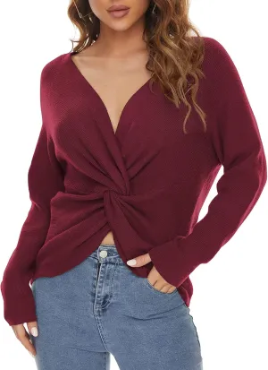 LILBETTER Women's Long Sleeve Loose Criss Cross Twisted Back Pullover Knit Jumper Sweaters