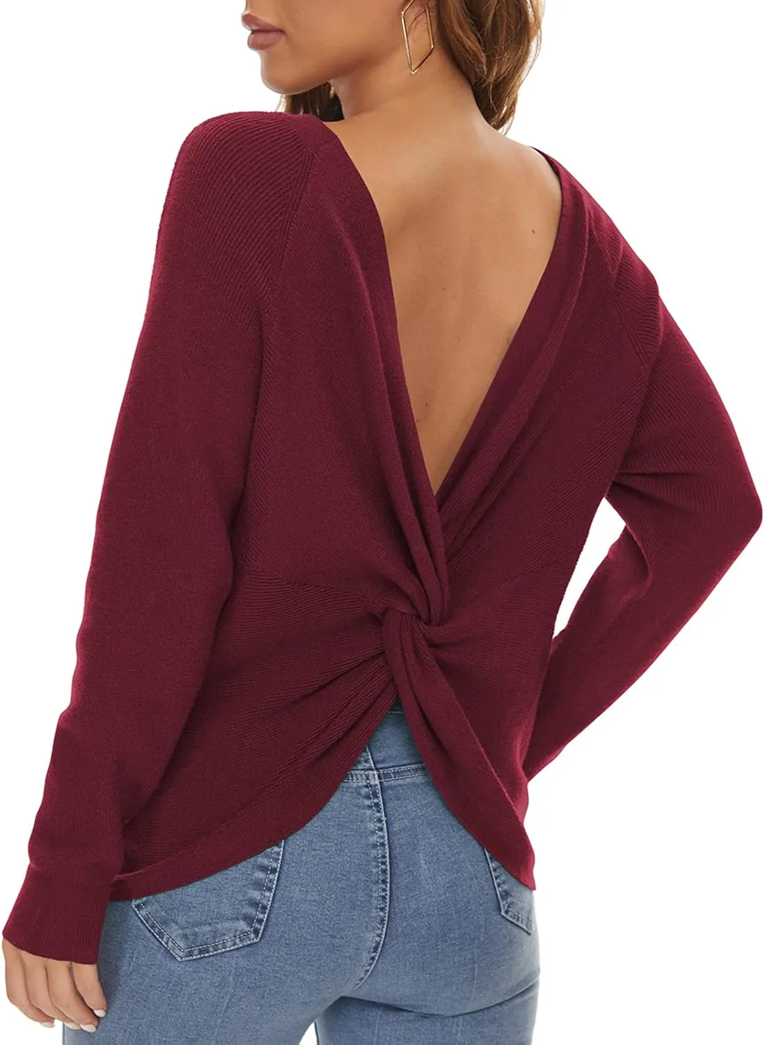 LILBETTER Women's Long Sleeve Loose Criss Cross Twisted Back Pullover Knit Jumper Sweaters