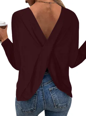 LilyCoco Women's Open Back Long Sleeve Tops Crewneck Loose Fit T Shirt