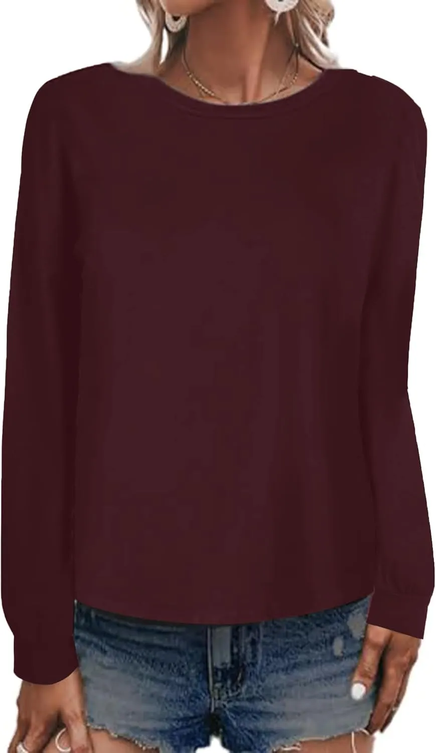 LilyCoco Women's Open Back Long Sleeve Tops Crewneck Loose Fit T Shirt