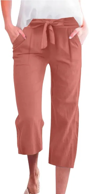 Linen Capri Pants for Women Cotton Casual Summer Capris Drawstring High Waist Pants Wide Leg Cropped Trousers