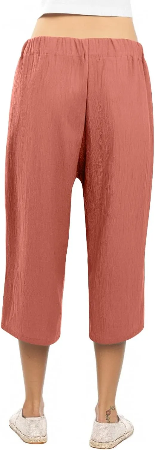 Linen Capri Pants for Women Cotton Casual Summer Capris Drawstring High Waist Pants Wide Leg Cropped Trousers