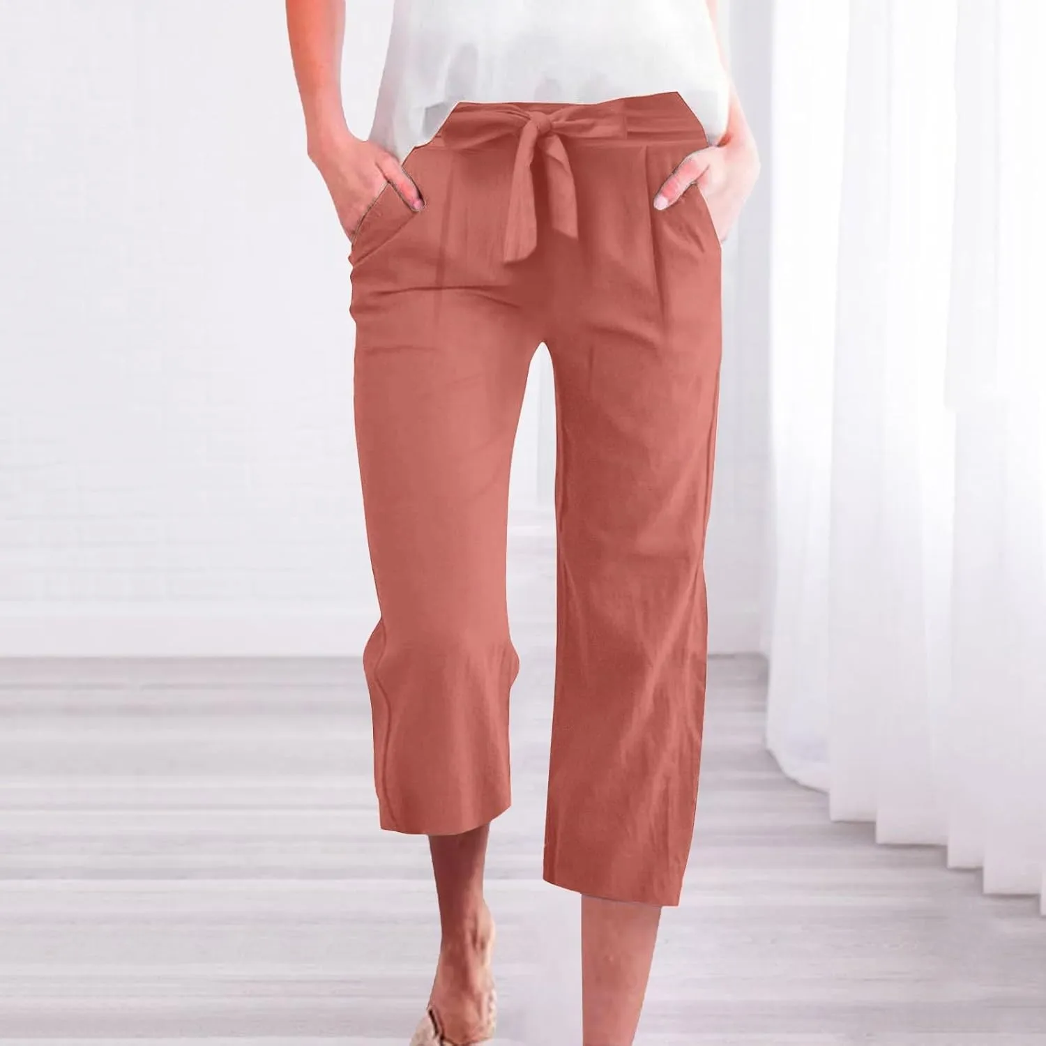 Linen Capri Pants for Women Cotton Casual Summer Capris Drawstring High Waist Pants Wide Leg Cropped Trousers