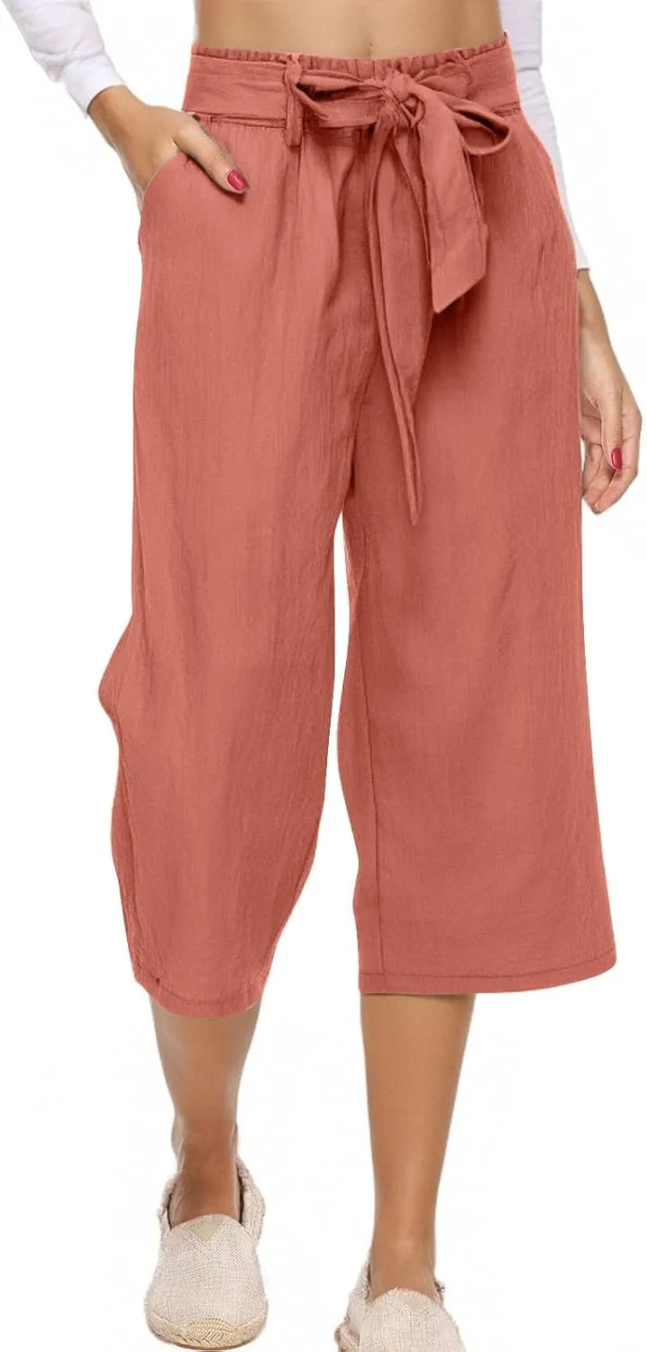 Linen Capri Pants for Women Cotton Casual Summer Capris Drawstring High Waist Pants Wide Leg Cropped Trousers