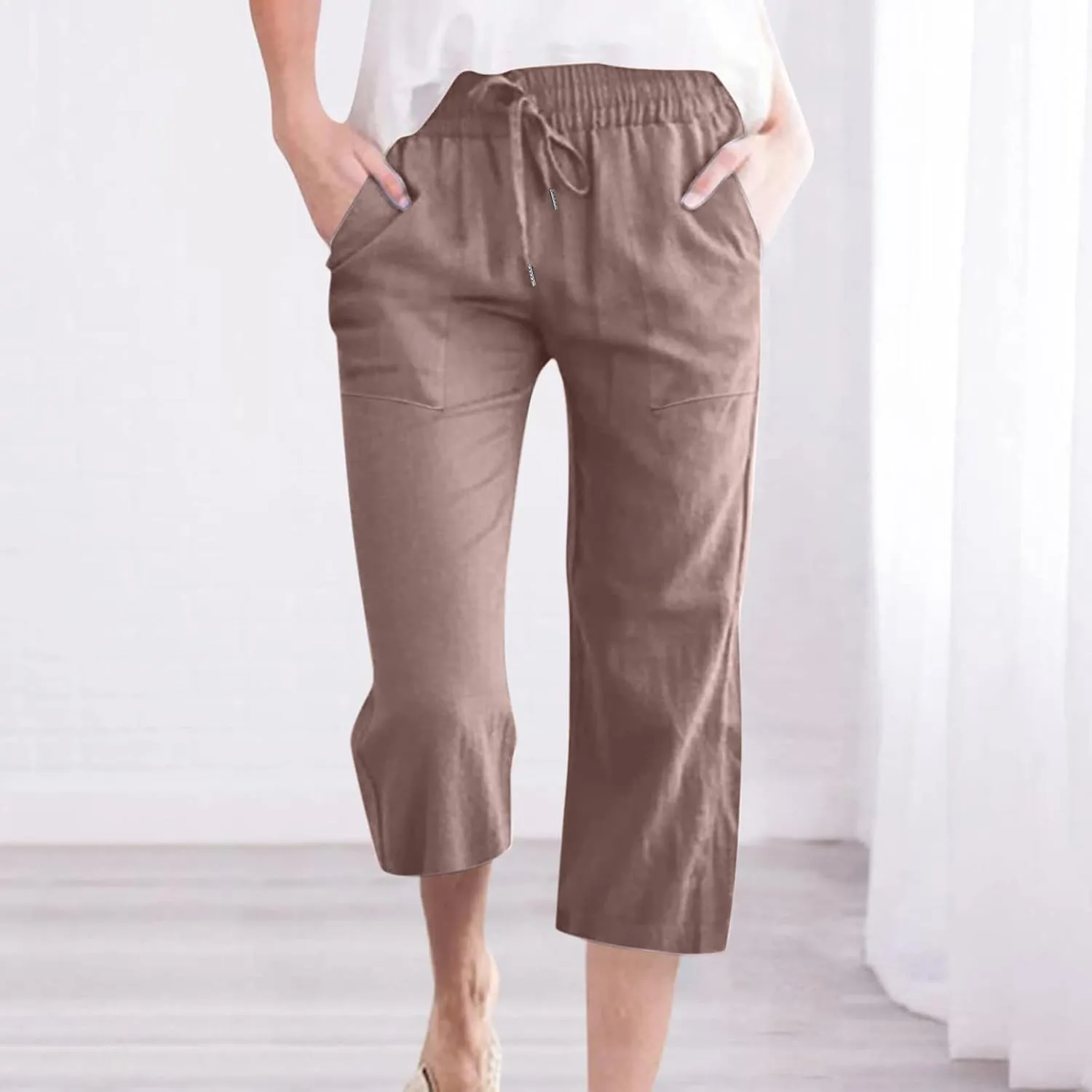 Linen Capris for Women Summer Casual Lounge Pants Cropped Cotton Linen Comfy Drawstring Baggy Trousers with Pockets
