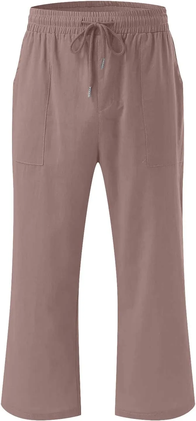 Linen Capris for Women Summer Casual Lounge Pants Cropped Cotton Linen Comfy Drawstring Baggy Trousers with Pockets