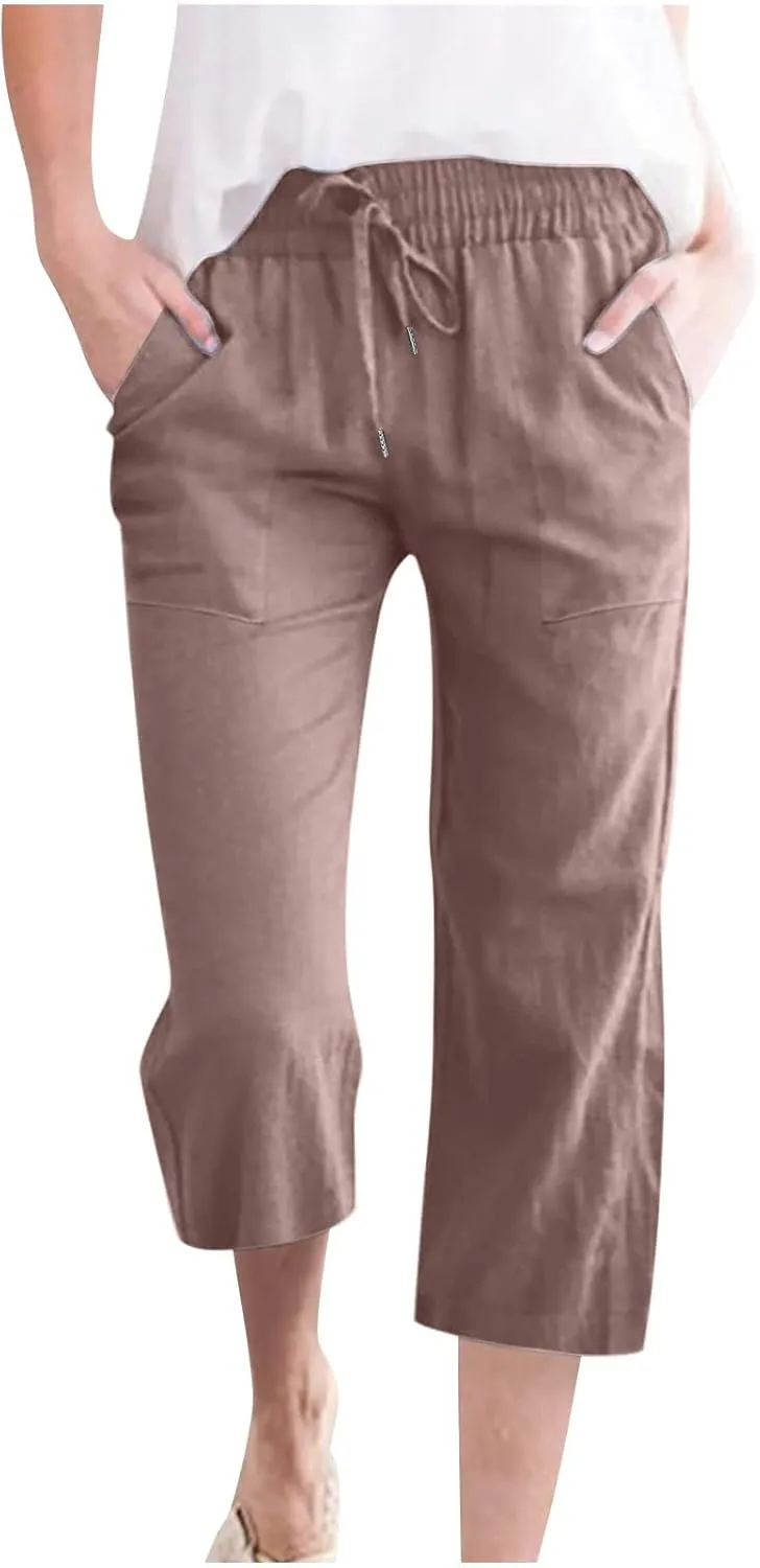Linen Capris for Women Summer Casual Lounge Pants Cropped Cotton Linen Comfy Drawstring Baggy Trousers with Pockets