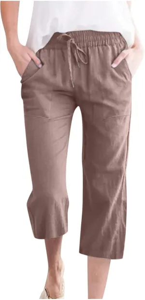 Linen Capris for Women Summer Casual Lounge Pants Cropped Cotton Linen Comfy Drawstring Baggy Trousers with Pockets