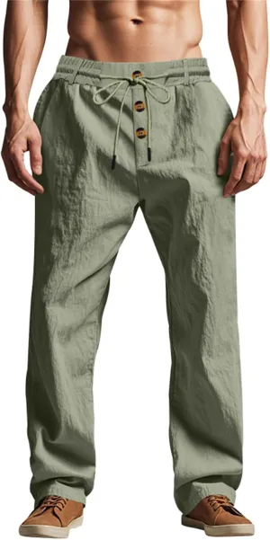 Linen Pants for Men Summer Lightweight Plain Casual Pants Beach Vacation Slacks Loose Fit Drawstring Waist Trousers