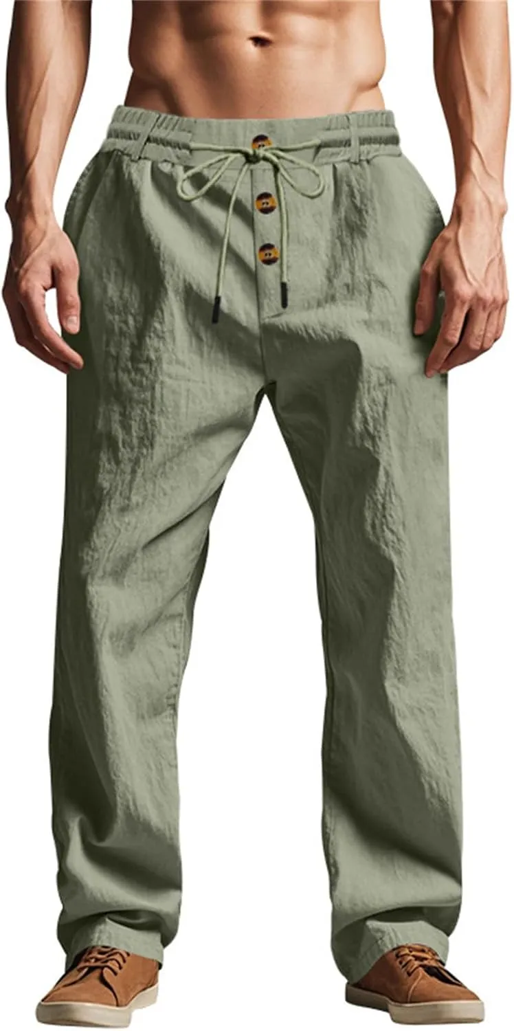 Linen Pants for Men Summer Lightweight Plain Casual Pants Beach Vacation Slacks Loose Fit Drawstring Waist Trousers