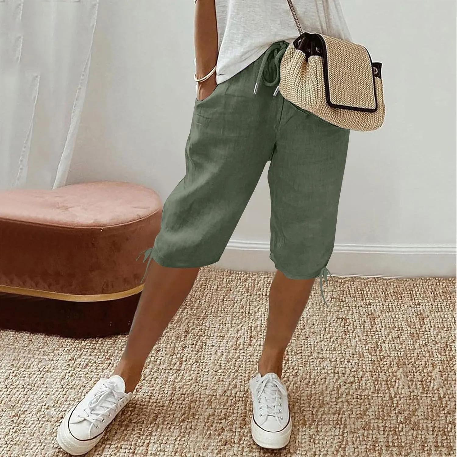 Linen Trousers for Women Solid Color Casual Side Lace Summer Drawstring Pants with Pocket for Beach Vacations