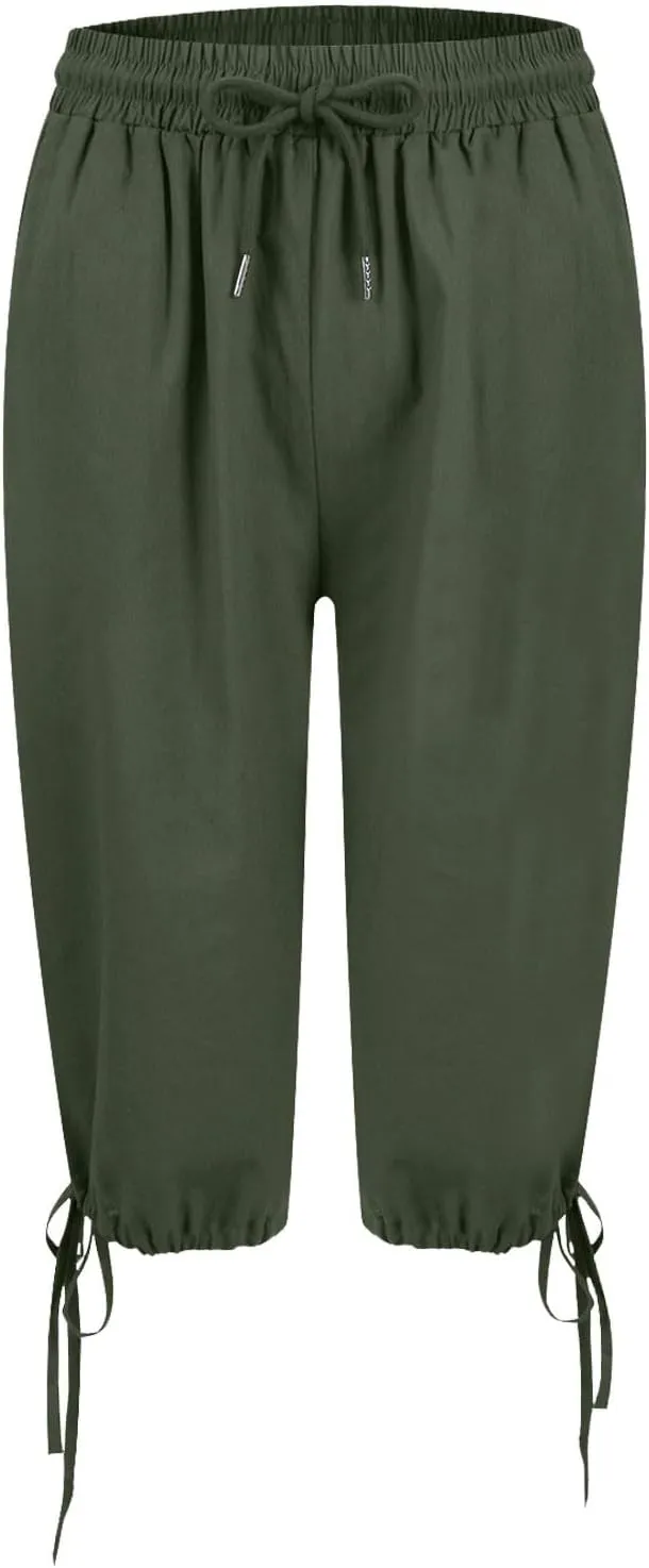 Linen Trousers for Women Solid Color Casual Side Lace Summer Drawstring Pants with Pocket for Beach Vacations