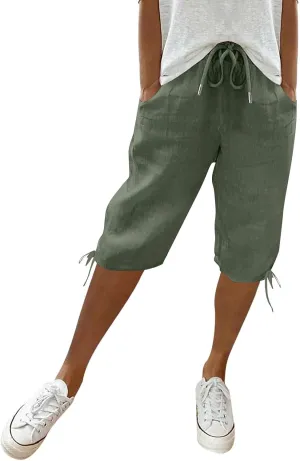 Linen Trousers for Women Solid Color Casual Side Lace Summer Drawstring Pants with Pocket for Beach Vacations