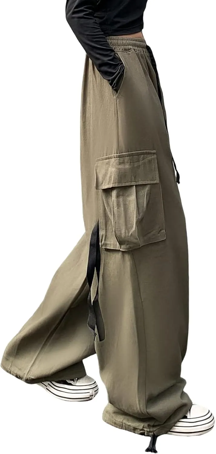 Linsennia Cargo Pants Women Baggy Y2k Streetwear Wide Leg Pants with Pockets High Waist Drawstring Goth