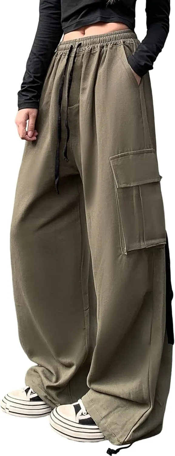 Linsennia Cargo Pants Women Baggy Y2k Streetwear Wide Leg Pants with Pockets High Waist Drawstring Goth