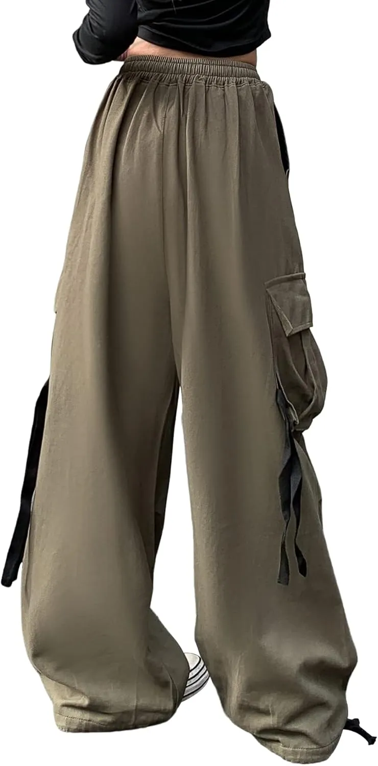 Linsennia Cargo Pants Women Baggy Y2k Streetwear Wide Leg Pants with Pockets High Waist Drawstring Goth