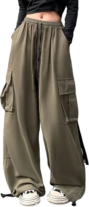 Linsennia Cargo Pants Women Baggy Y2k Streetwear Wide Leg Pants with Pockets High Waist Drawstring Goth