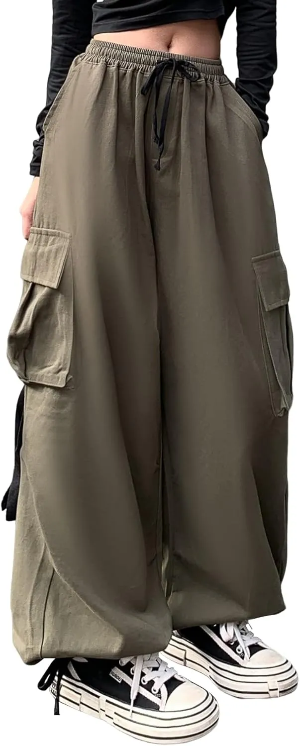 Linsennia Cargo Pants Women Baggy Y2k Streetwear Wide Leg Pants with Pockets High Waist Drawstring Goth