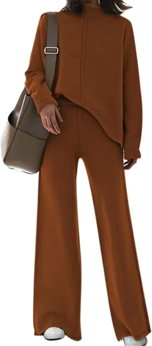Linsery Women 2 Piece Sweater Sets High Neck Knitted Pullover Wide Leg Casual Sweatsuit