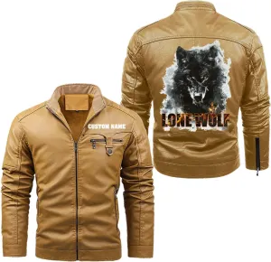 Lone Wolf, Vintage Wolf Biker Motorcycle Jacket, Personalized Men PU Leather Vest Coat Jackets