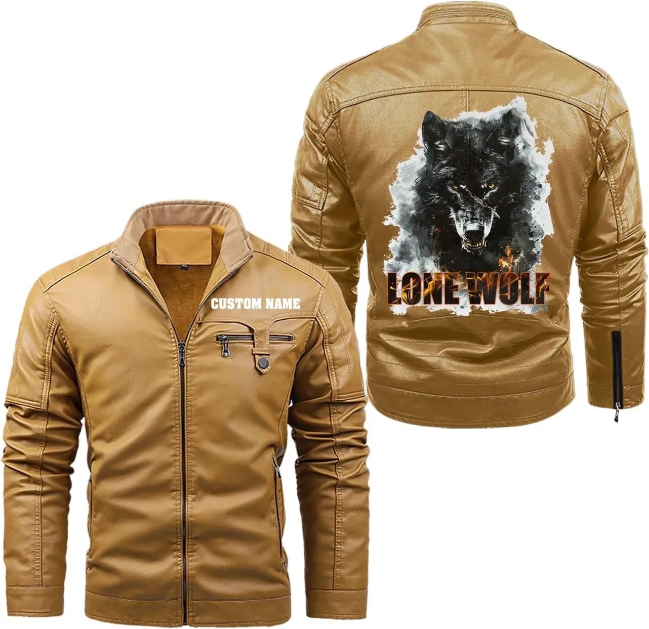 Lone Wolf, Vintage Wolf Biker Motorcycle Jacket, Personalized Men PU Leather Vest Coat Jackets