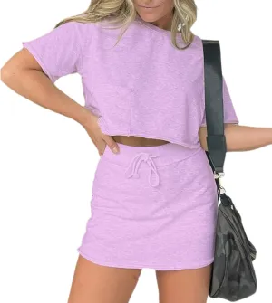 Lounge Cropped Tee Skort Set, Sweat Skirt Sets Women 2 Piece Outfits, Crop Tops with Shorts 2 Piece Outfit Set