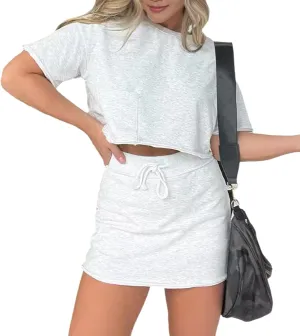 Lounge Cropped Tee Skort Set, Sweat Skirt Sets Women 2 Piece Outfits, Crop Tops with Shorts 2 Piece Outfit Set