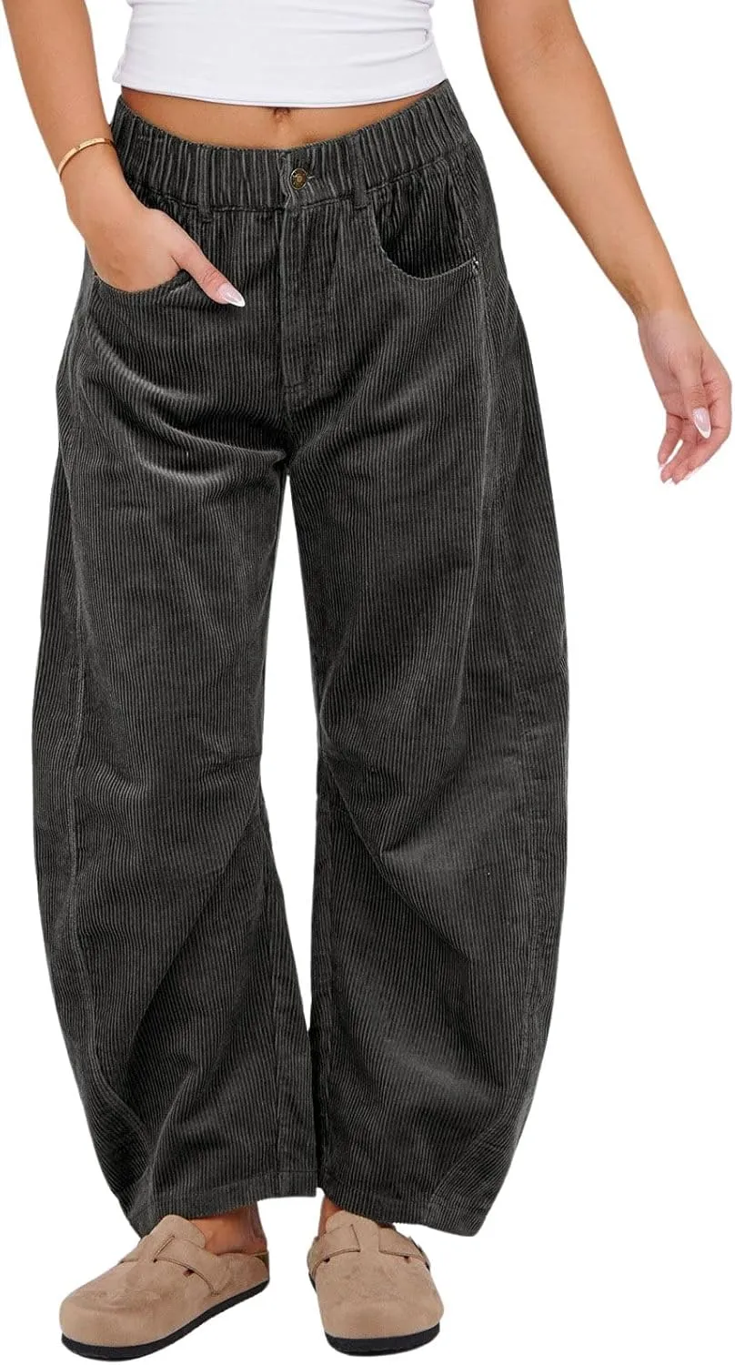 loveimgs Women Casual Corduroy Pants Y2k Barrel Pants Wide Leg Cargo Harem Pants Elastic Waist Baggy Long Trousers