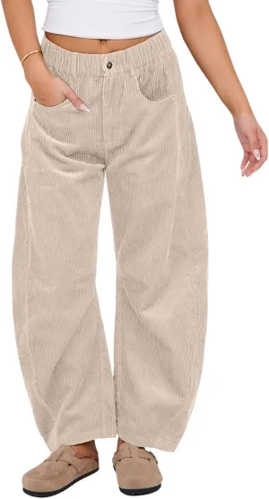 loveimgs Women Casual Corduroy Pants Y2k Barrel Pants Wide Leg Cargo Harem Pants Elastic Waist Baggy Long Trousers
