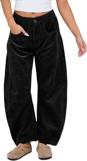 loveimgs Women Casual Corduroy Pants Y2k Barrel Pants Wide Leg Cargo Harem Pants Elastic Waist Baggy Long Trousers
