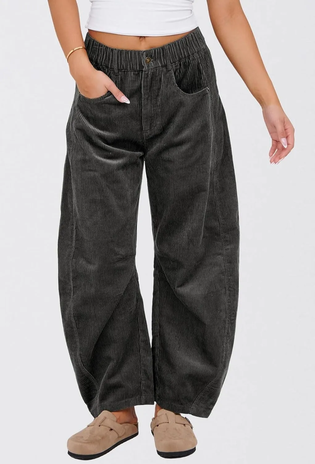 loveimgs Women Casual Corduroy Pants Y2k Barrel Pants Wide Leg Cargo Harem Pants Elastic Waist Baggy Long Trousers