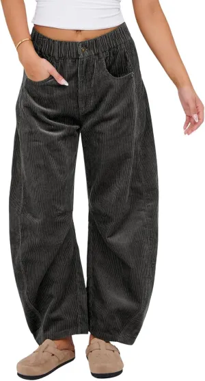 loveimgs Women Casual Corduroy Pants Y2k Barrel Pants Wide Leg Cargo Harem Pants Elastic Waist Baggy Long Trousers