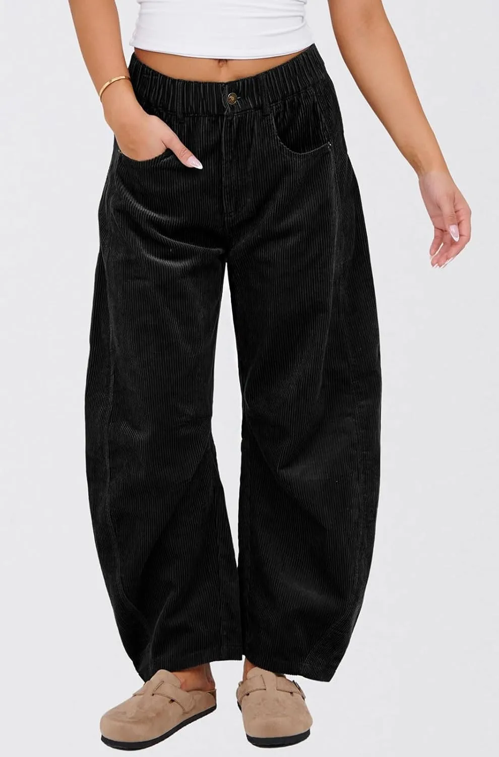 loveimgs Women Casual Corduroy Pants Y2k Barrel Pants Wide Leg Cargo Harem Pants Elastic Waist Baggy Long Trousers