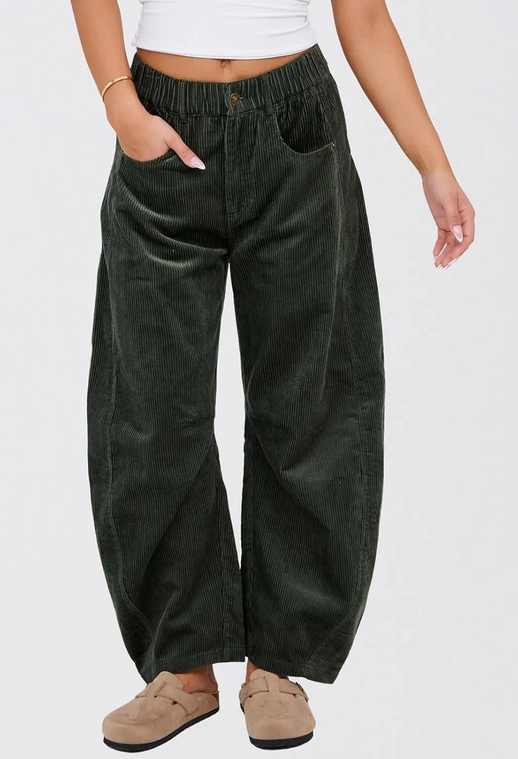 loveimgs Women Casual Corduroy Pants Y2k Barrel Pants Wide Leg Cargo Harem Pants Elastic Waist Baggy Long Trousers
