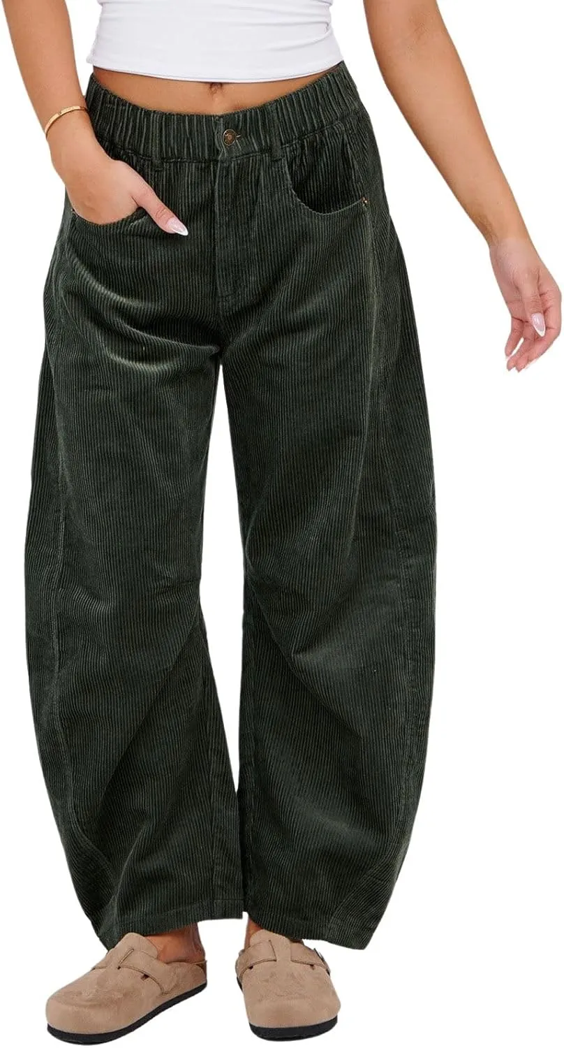 loveimgs Women Casual Corduroy Pants Y2k Barrel Pants Wide Leg Cargo Harem Pants Elastic Waist Baggy Long Trousers