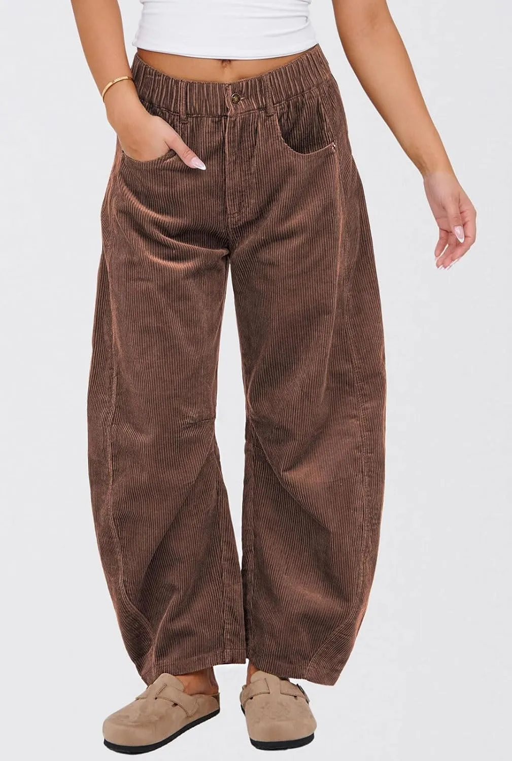 loveimgs Women Casual Corduroy Pants Y2k Barrel Pants Wide Leg Cargo Harem Pants Elastic Waist Baggy Long Trousers