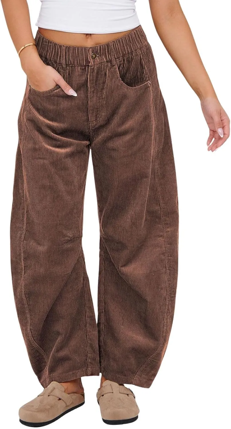 loveimgs Women Casual Corduroy Pants Y2k Barrel Pants Wide Leg Cargo Harem Pants Elastic Waist Baggy Long Trousers