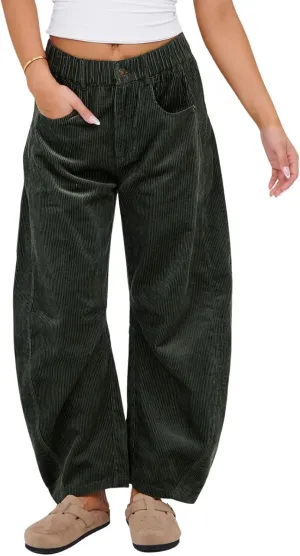 loveimgs Women Casual Corduroy Pants Y2k Barrel Pants Wide Leg Cargo Harem Pants Elastic Waist Baggy Long Trousers