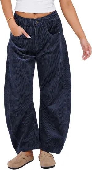 loveimgs Women Casual Corduroy Pants Y2k Barrel Pants Wide Leg Cargo Harem Pants Elastic Waist Baggy Long Trousers