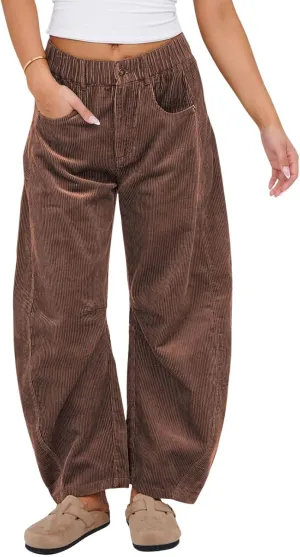 loveimgs Women Casual Corduroy Pants Y2k Barrel Pants Wide Leg Cargo Harem Pants Elastic Waist Baggy Long Trousers