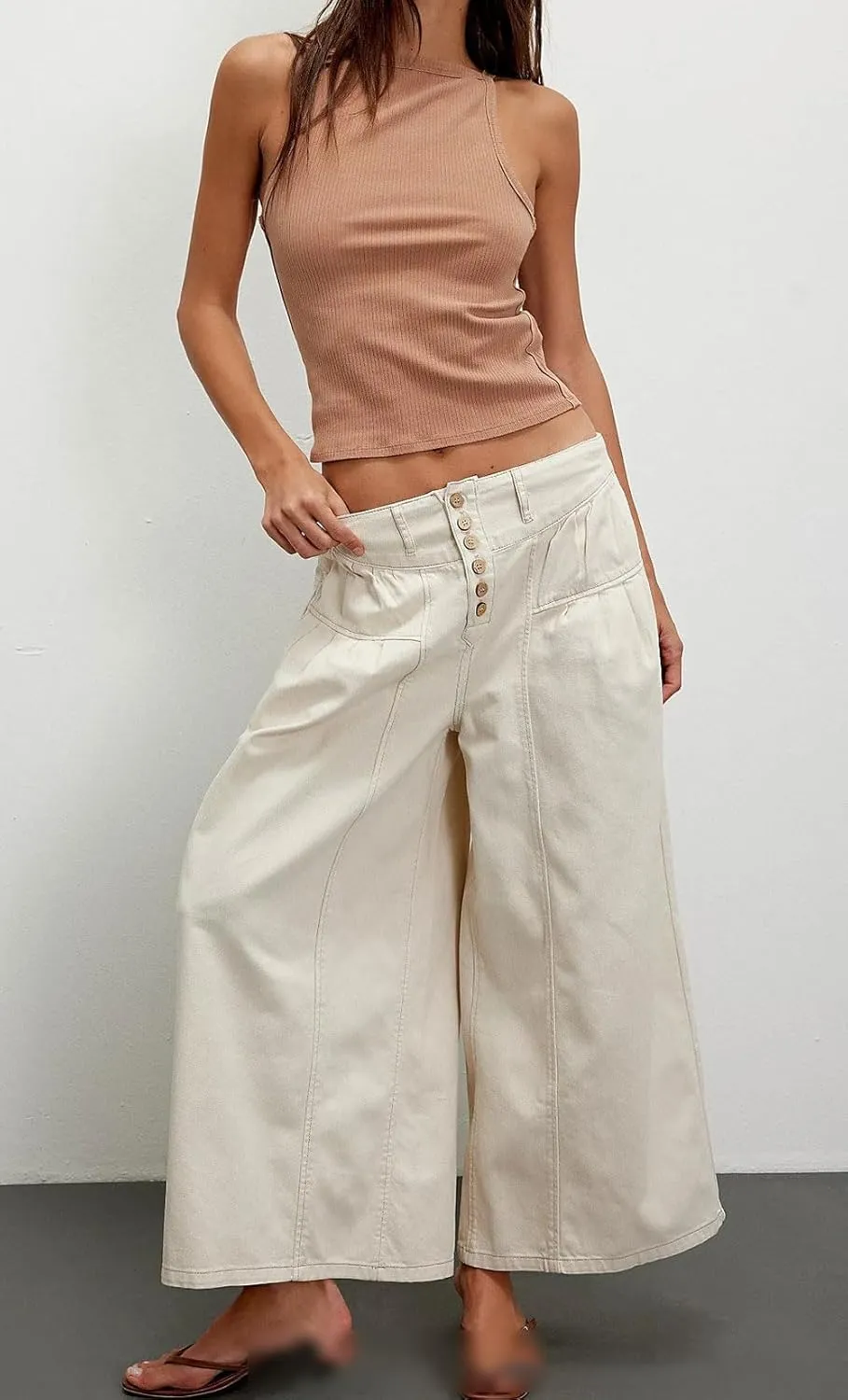 loveimgs Women Mid Rise Pleated Denim Palazzo Pants Cargo Wide Leg Baggy Jeans Ruffle Flare Harem Pants Y2k Elastic Waist