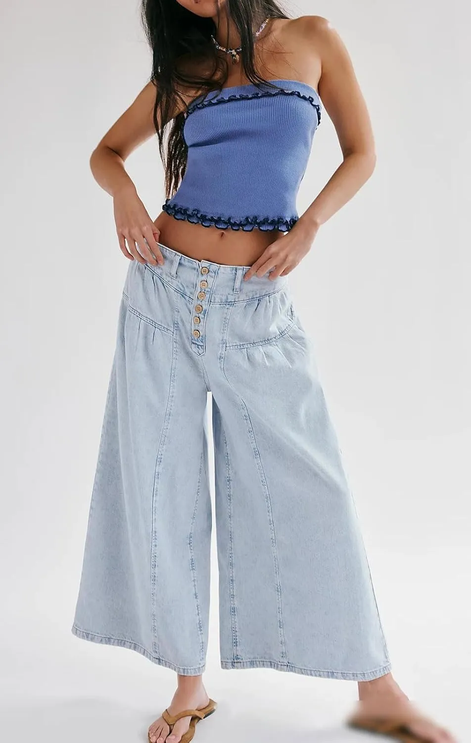 loveimgs Women Mid Rise Pleated Denim Palazzo Pants Cargo Wide Leg Baggy Jeans Ruffle Flare Harem Pants Y2k Elastic Waist