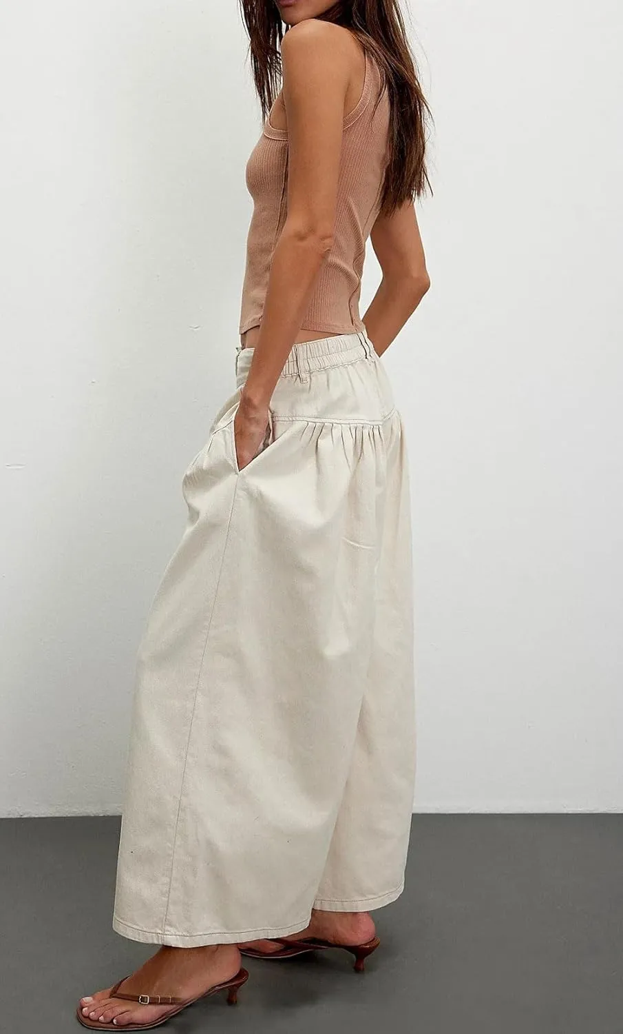 loveimgs Women Mid Rise Pleated Denim Palazzo Pants Cargo Wide Leg Baggy Jeans Ruffle Flare Harem Pants Y2k Elastic Waist