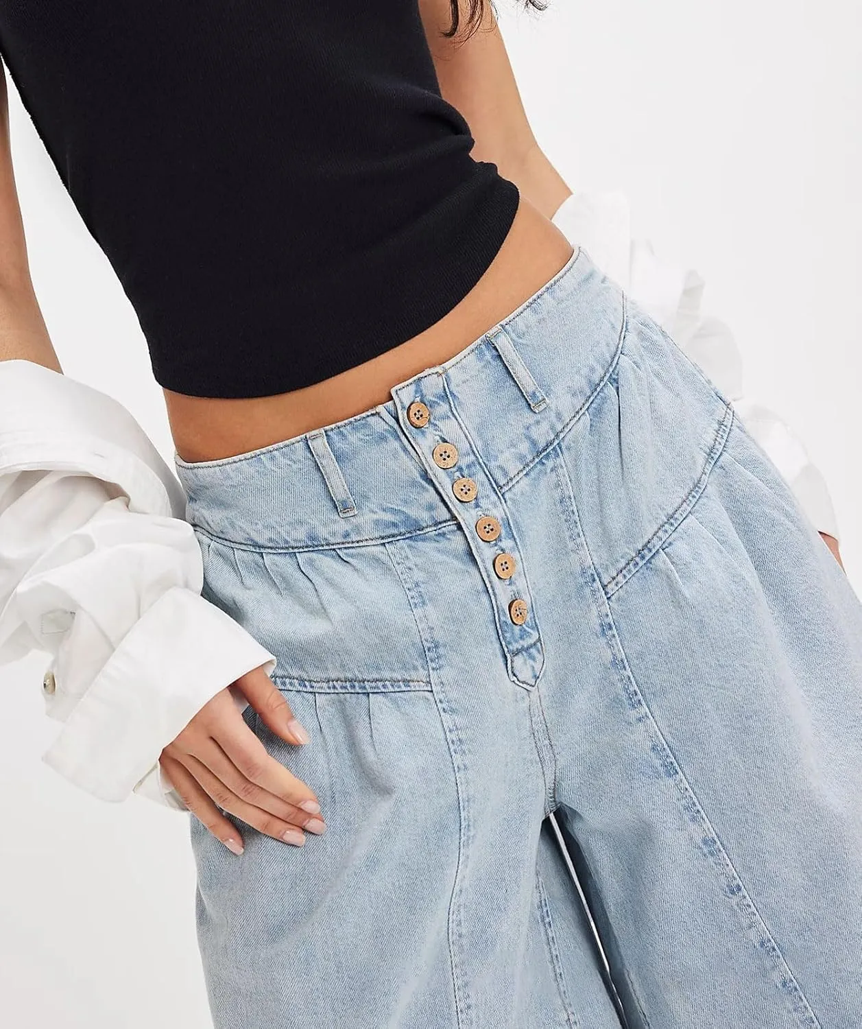 loveimgs Women Mid Rise Pleated Denim Palazzo Pants Cargo Wide Leg Baggy Jeans Ruffle Flare Harem Pants Y2k Elastic Waist