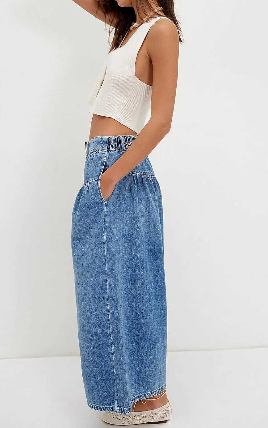 loveimgs Women Mid Rise Pleated Denim Palazzo Pants Cargo Wide Leg Baggy Jeans Ruffle Flare Harem Pants Y2k Elastic Waist