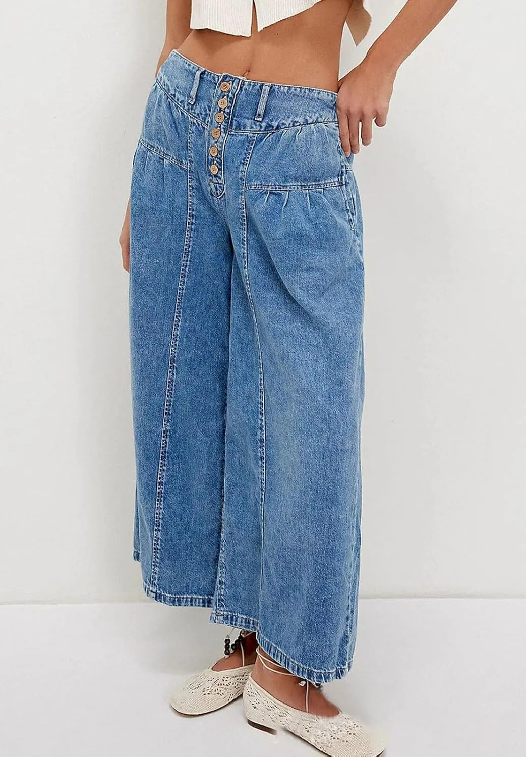 loveimgs Women Mid Rise Pleated Denim Palazzo Pants Cargo Wide Leg Baggy Jeans Ruffle Flare Harem Pants Y2k Elastic Waist