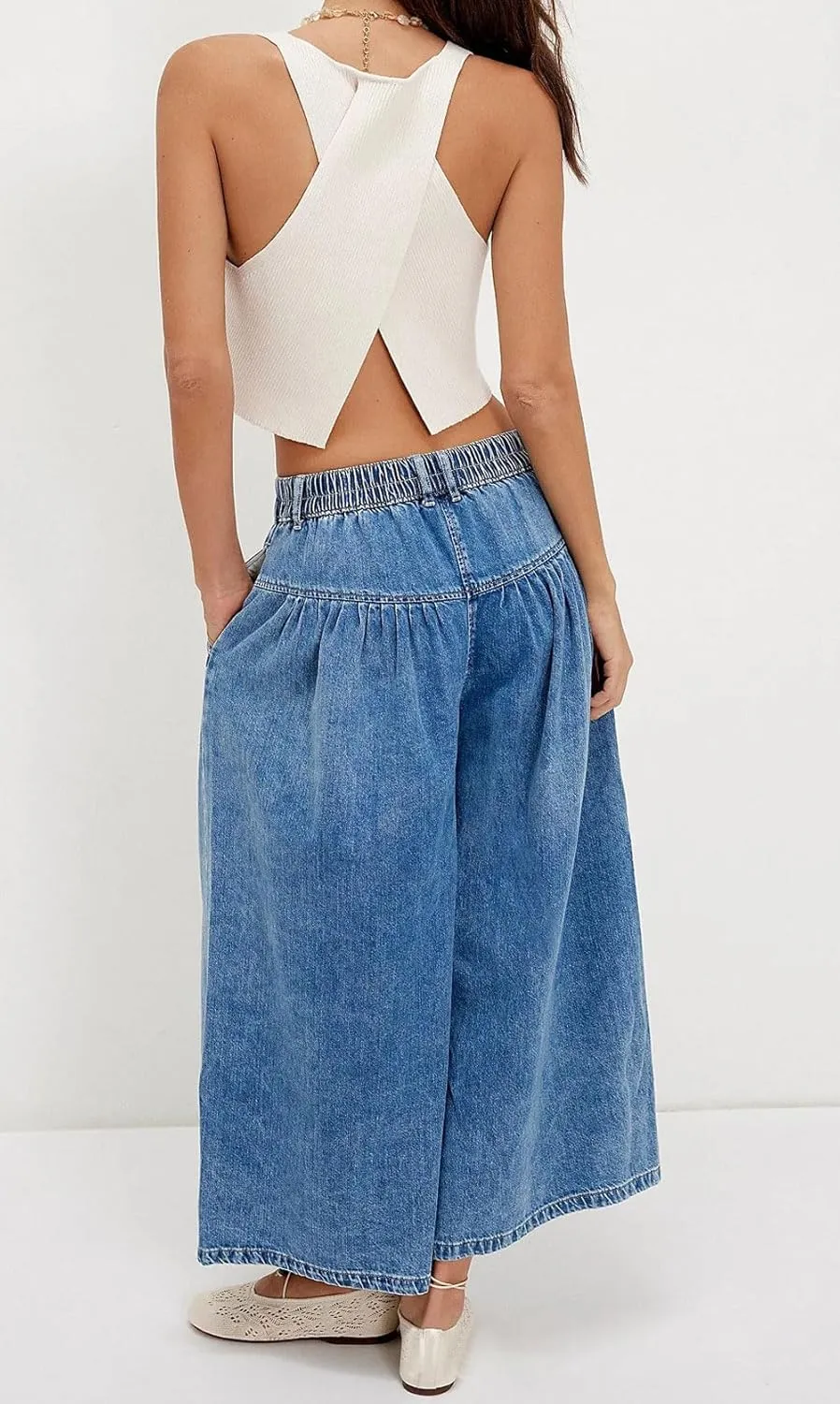 loveimgs Women Mid Rise Pleated Denim Palazzo Pants Cargo Wide Leg Baggy Jeans Ruffle Flare Harem Pants Y2k Elastic Waist