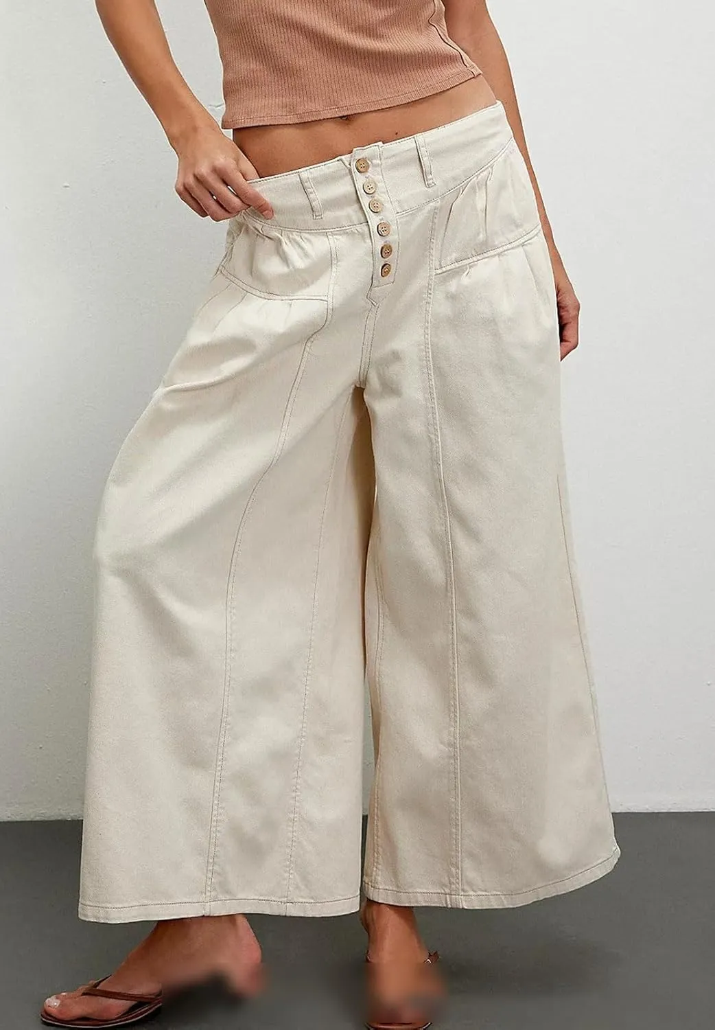 loveimgs Women Mid Rise Pleated Denim Palazzo Pants Cargo Wide Leg Baggy Jeans Ruffle Flare Harem Pants Y2k Elastic Waist