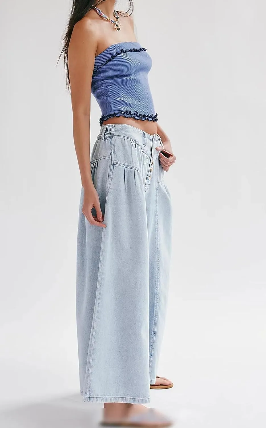loveimgs Women Mid Rise Pleated Denim Palazzo Pants Cargo Wide Leg Baggy Jeans Ruffle Flare Harem Pants Y2k Elastic Waist